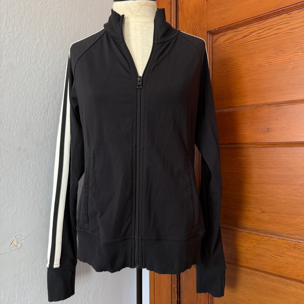 ATHLETA Black Full Zip Track Jacket - White Sleeve Stripes - Size S